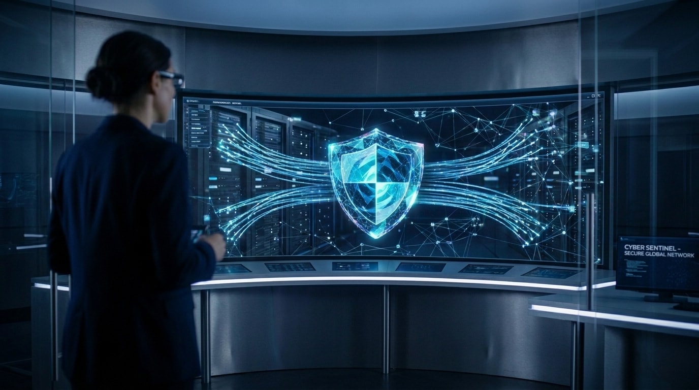 Security analyst viewing a holographic network shield display