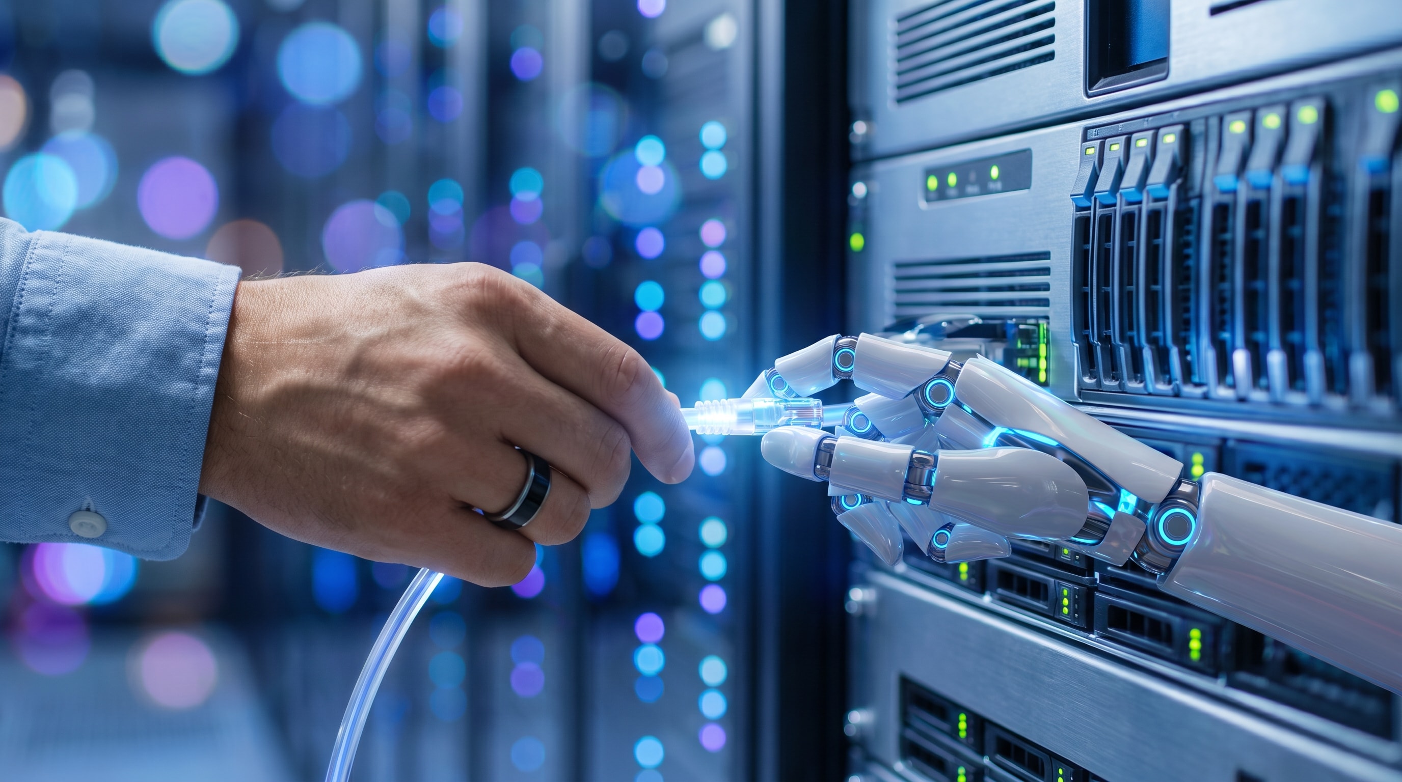 A human hand and a robotic hand connecting a network cable in a server room