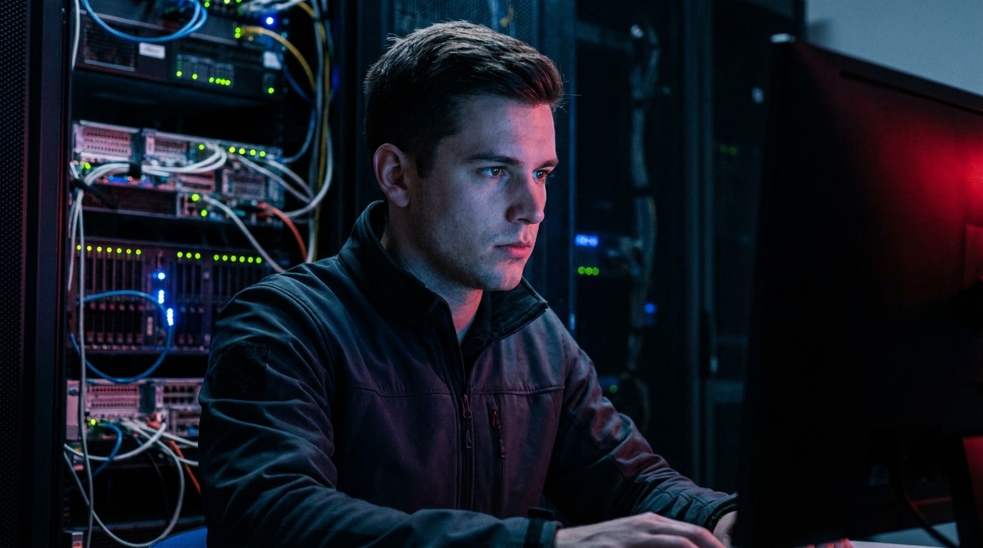 Network technician monitoring server infrastructure