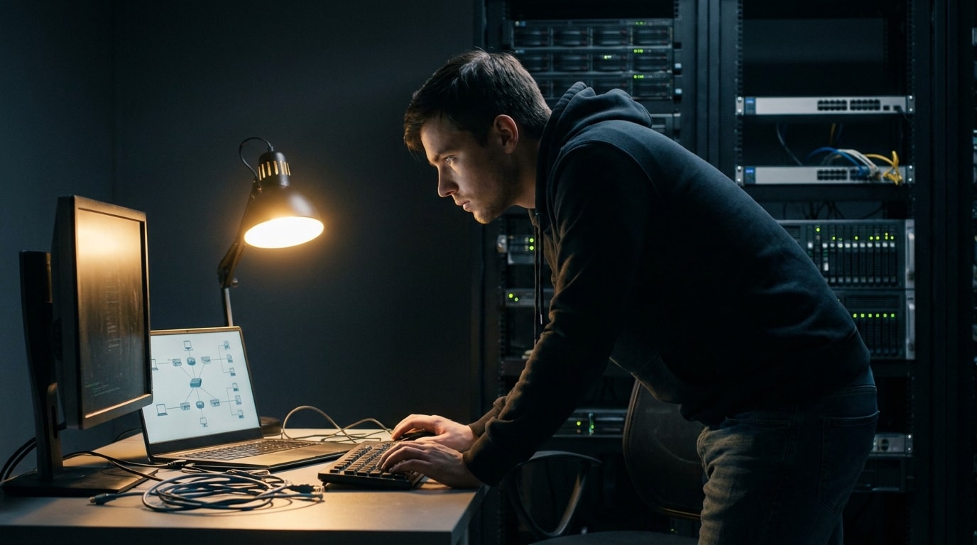 Network engineer configuring a server rack at a workstation